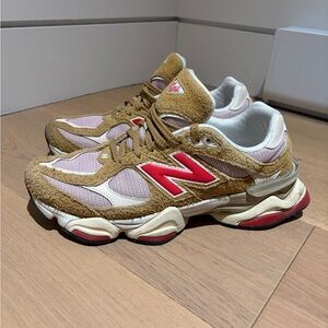 New Balance 9060 Suede & Mesh Sneaker in Tan, Pink & Red